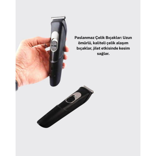 Sessiz Motorlu Kablosuz Kullanımlı Şarjlı Saç ve Sakal Kesme Makinesi – Taraklı Set