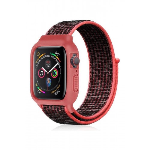 Apple Watch 42mm Hasırlı Cırtcırtlı Kasalı Kordon - Siyah-Pembe-(5796)