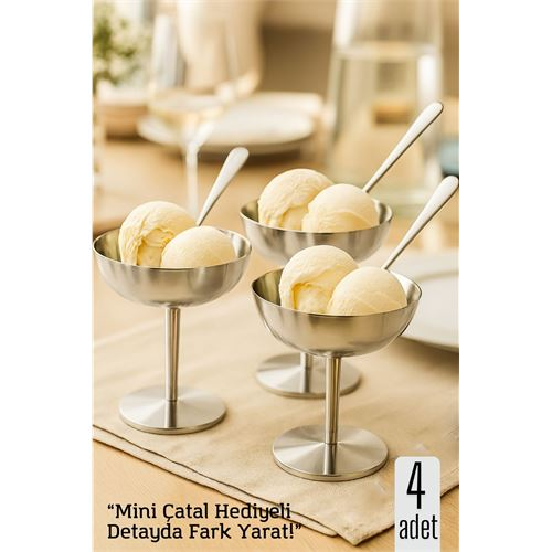HSNET 4 lü Gümüş Inox Çelik Ayaklı Dondurma ve Sunum Kasesi – Tatlı Lokum ve Sunum Kabı