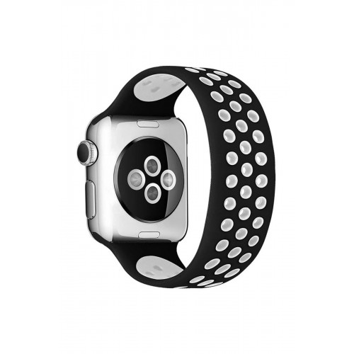 Apple Watch 38mm Ayarlı Delikli Silikon Kordon - Siyah-Beyaz-(5796)