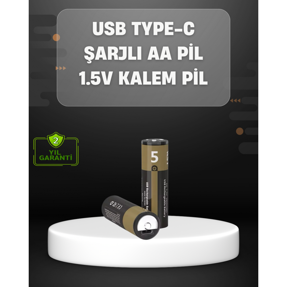 USB Type-C Girişli Şarjlı AA Lityum Pil | 1.5V Sabit Çıkış | 3200mWh (2'li Paket)
