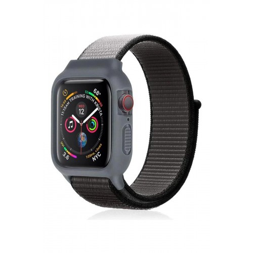 Apple Watch 38mm Hasırlı Cırtcırtlı Kasalı Kordon - Siyah-Gri-(5796)