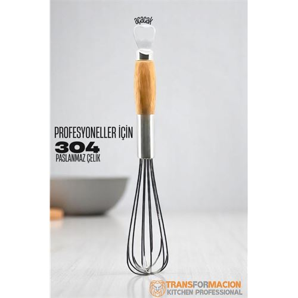 HSNET Ahşap Saplı Açacaklı Çırpıcı 304 Paslanmaz Çelik Yumurta ve Sos Çırpıcı Çırpma Teli