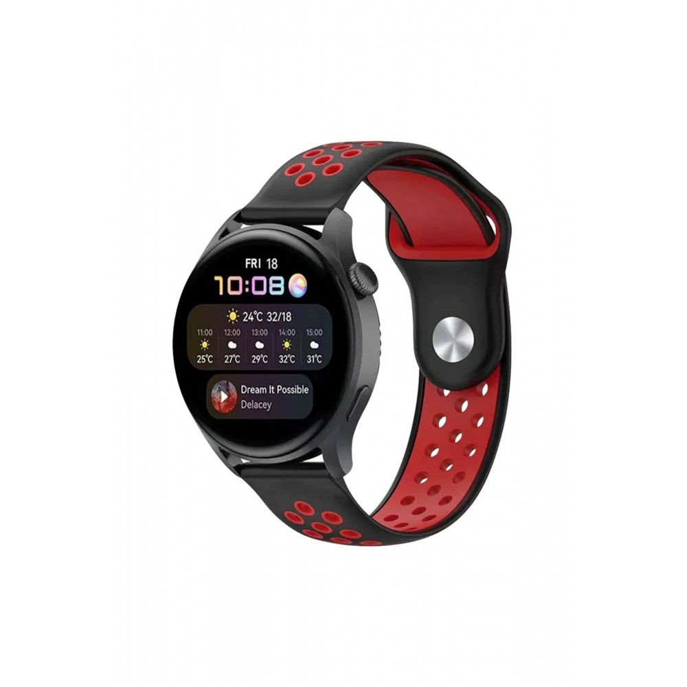 Watch 22mm Spor Delikli Kordon - Siyah-Kırmızı-(5796)