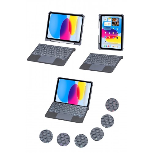 T5508D iPad 2022 10.9 (10.Nesil) Kılıf Palermo Ledli Klavyeli Standlı Tablet Kılıfı - Siyah-(5796)