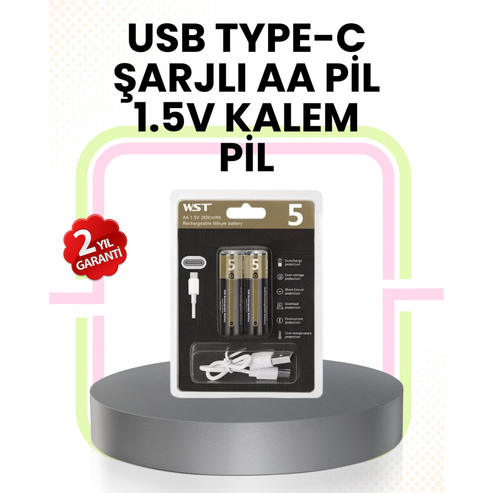 Tekrar Şarj Edilebilir AA USB Type-C Pil | 1000+ Döngü | 1.5V Sabit Voltaj