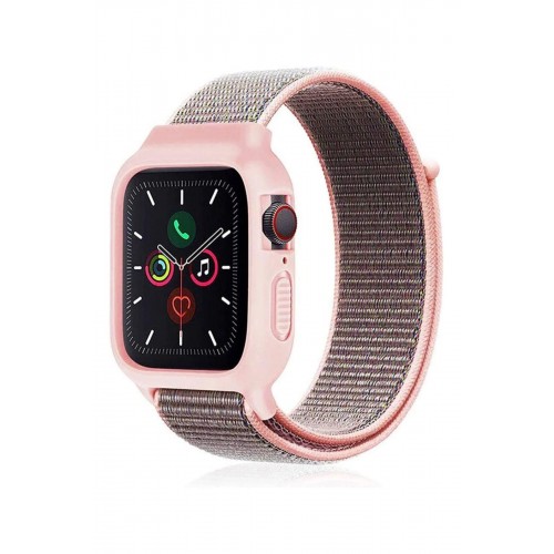 Apple Watch 38mm Hasırlı Cırtcırtlı Kasalı Kordon - Pembe-(5796)