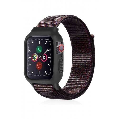 Apple Watch 38mm Hasırlı Cırtcırtlı Kasalı Kordon - Siyah-Mavi-(5796)