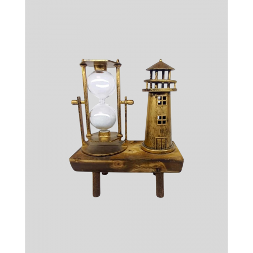 Ahşap Gövdeli Deniz Feneri Formlu Kum Saati – 15x20 cm Masa Dekoru