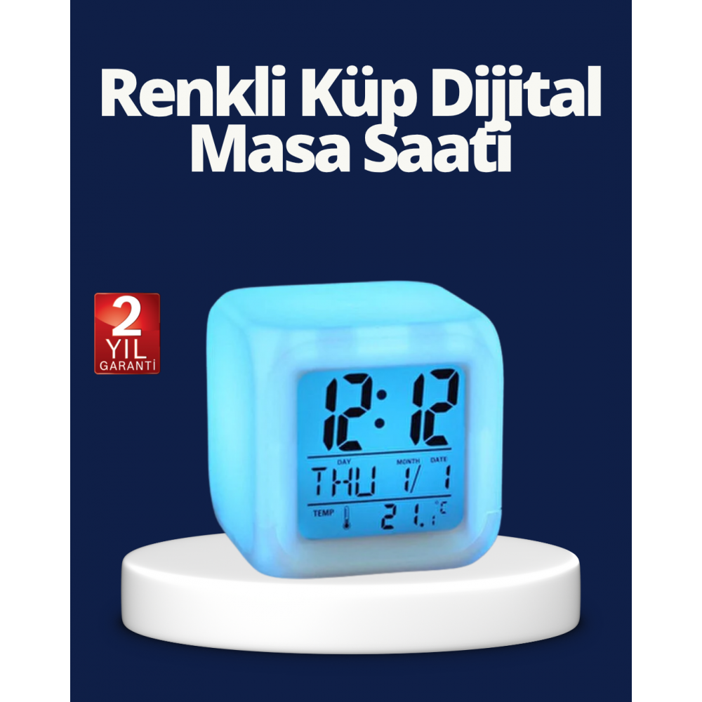 Renk Değiştiren LED Alarmlı Dijital Küp Masa Saati