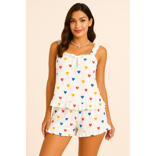 Kalp Baskılı Yumuşak Dokulu İp Askılı Şortlu Örme Pijama Takımı-(17952)