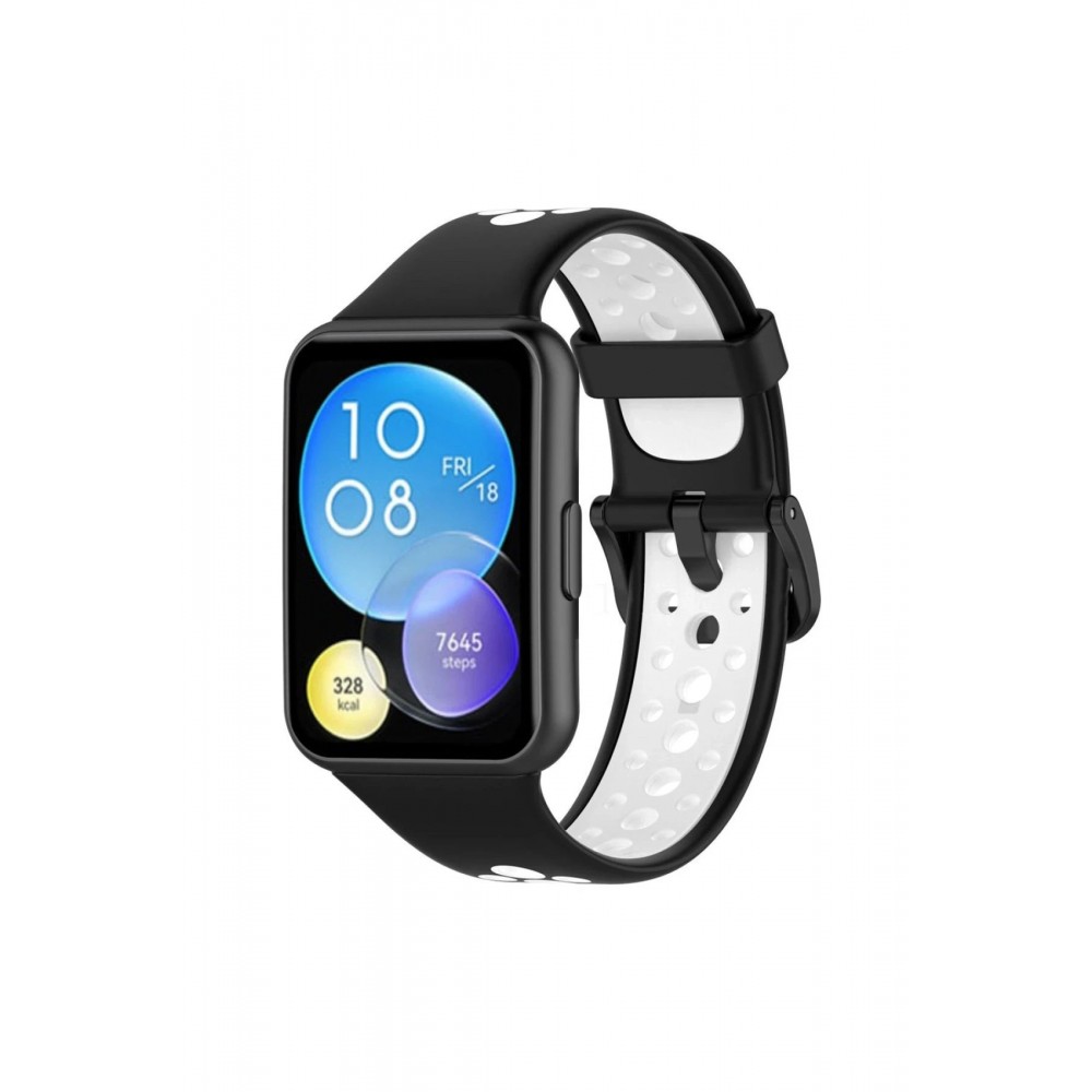 Huawei Watch Fit 2 Spor Delikli Kordon - Siyah-Beyaz-(5796)