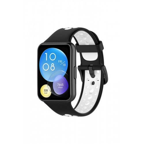Huawei Watch Fit 2 Spor Delikli Kordon - Siyah-Beyaz-(5796)