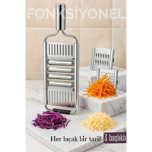 Paslanmaz Çelik Sebze Rendesi – Değiştirilebilir 3 Bıçaklı Çok Fonksiyonlu Hızlı ve Pratik