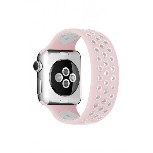 Apple Watch 42mm Ayarlı Delikli Silikon Kordon - Pembe-Beyaz-(5796)