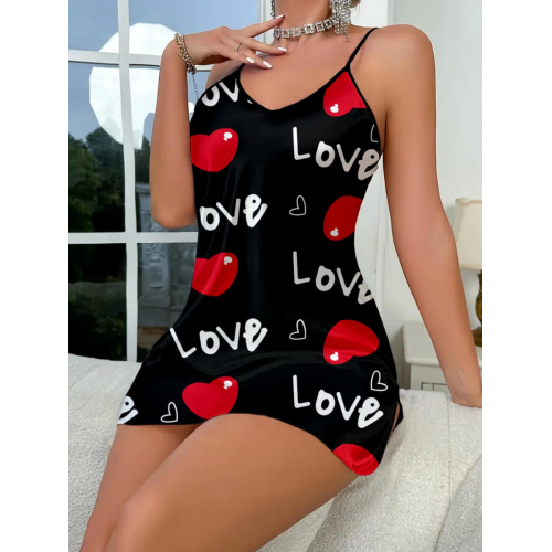 Love Desenli Siyah Saten Gecelik Love Desenli Siyah Saten Gecelik