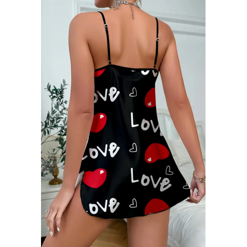 Love Desenli Siyah Saten Gecelik Love Desenli Siyah Saten Gecelik