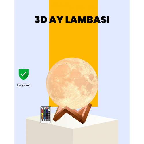 Şarjlı 3D Baskılı 16 Renk Ay Lambası Ahşap Stand ve Uzaktan Kumanda
