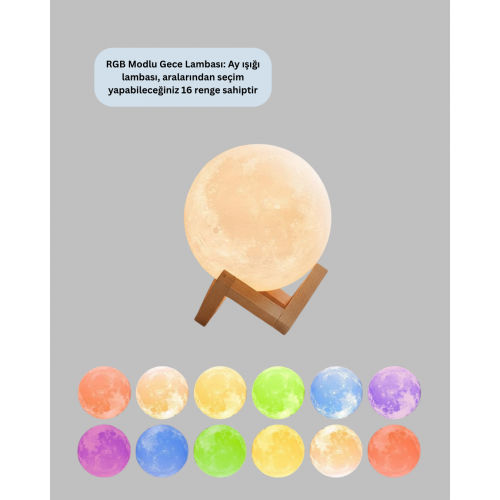 Şarjlı 3D Baskılı 16 Renk Ay Lambası Ahşap Stand ve Uzaktan Kumanda