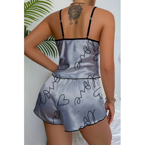 Love Baskılı Gri Saten Şortlu Gecelik Takım