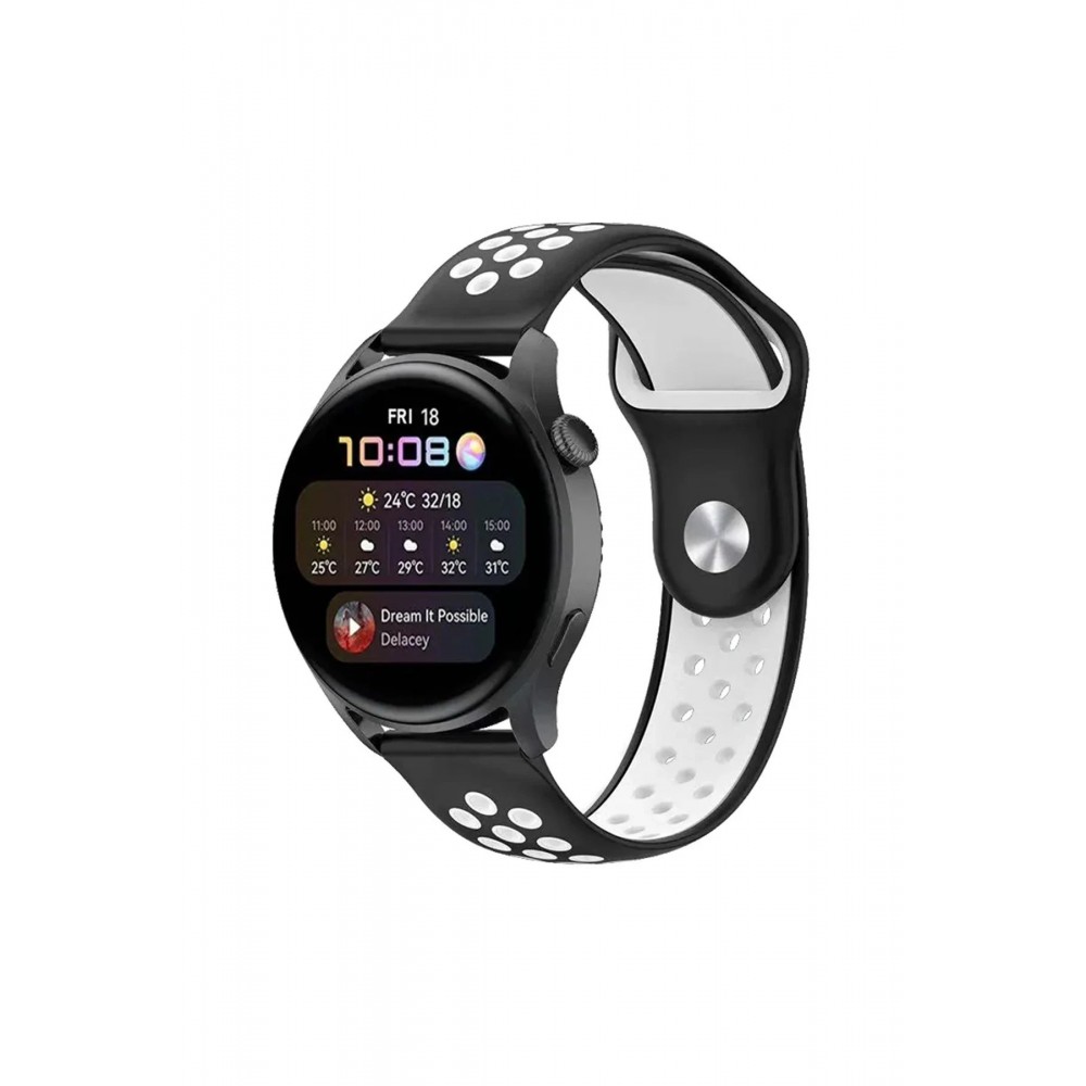 Watch 20mm Spor Delikli Kordon - Siyah-Beyaz-(5796)