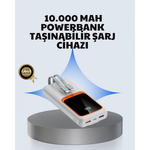 Kompakt 10000 mAh Powerbank – Dijital Göstergeli Type-C ve Lightning Uyumlu
