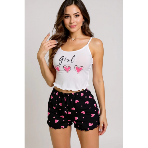 Kalp Desenli Askılı Şortlu Pijama Takımı