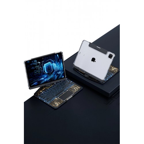 JP12.9 iPad Pro 12.9 (2022) Kılıf Vales Dönen Ledli Klavyeli Tablet Kılıfı - Siyah-(5796)