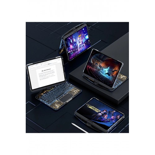 JP12.9 iPad Pro 12.9 (2022) Kılıf Vales Dönen Ledli Klavyeli Tablet Kılıfı - Siyah-(5796)