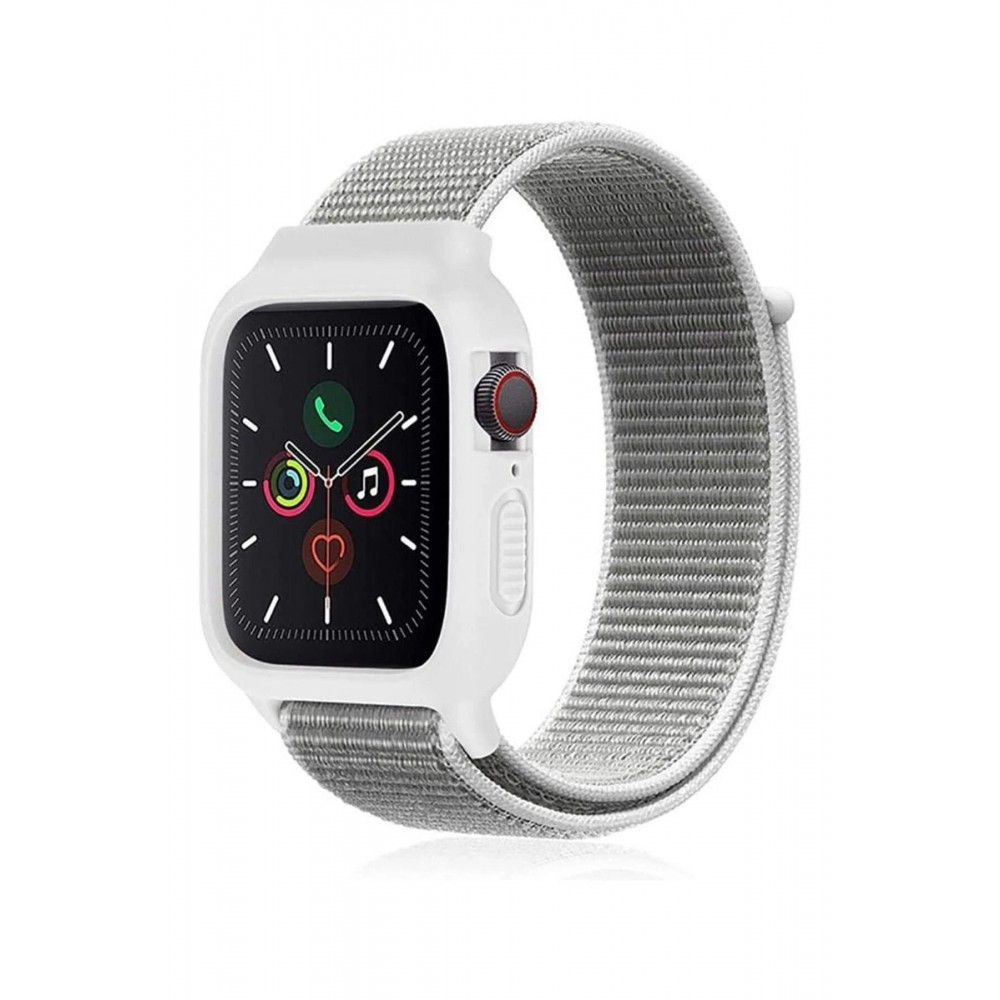 Apple Watch 38mm Hasırlı Cırtcırtlı Kasalı Kordon - Beyaz-(5796)