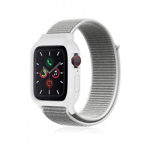Apple Watch 38mm Hasırlı Cırtcırtlı Kasalı Kordon - Beyaz-(5796)