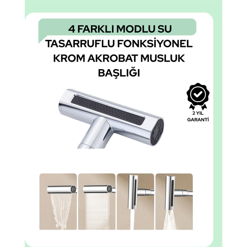 Çok Fonksiyonlu Musluk Başlığı | 4 Su Modu | Geniş Uyumlu Adaptör Seti | Mutfak ve Banyo Uyumlu