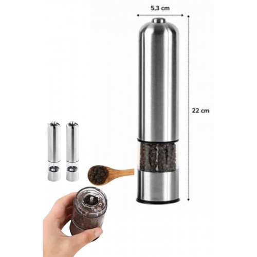 Pilli Tuz Ve Karabiber Öğütücü Baharat Değirmeni Tuzluk Pilli Işıklı Gri