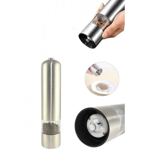 Pilli Tuz Ve Karabiber Öğütücü Baharat Değirmeni Tuzluk Pilli Işıklı Gri