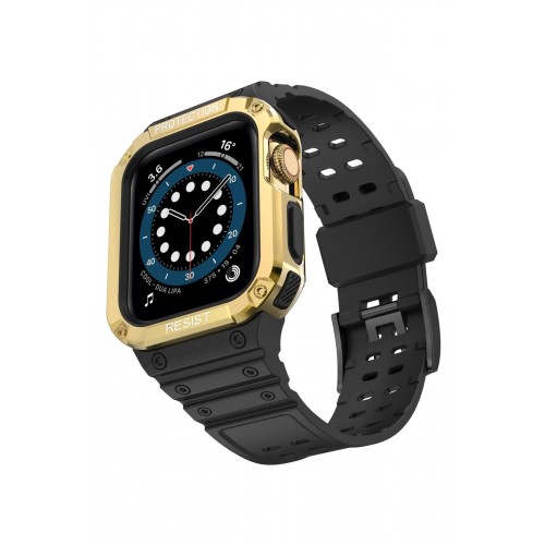 Apple Watch 42mm KR401 Silikon Kordon - Siyah-Gold-(5796)