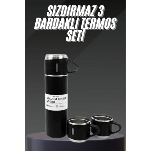 Termos Seti Paslanmaz Çelik 3 Bardaklı Vakumlu Termos Set 500 Ml 12 Saate Kadar Isı Koruma