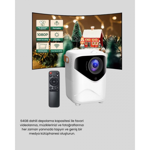 Mini Akıllı Projektör – 1080P Full HD 64GB Depolama 2GB RAM Uzaktan Kumanda Destekli