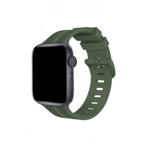 Apple Watch 38mm KR408 Çizgili Silikon Kordon - Koyu Yeşil-(5796)