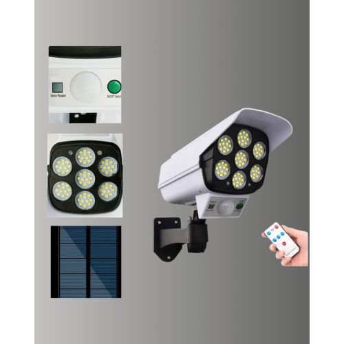 Güneş Enerjili LED Lamba + Güvenlik Kamerası Görünümlü– 5-8 m Hareket Algılamalı Beyaz Işık