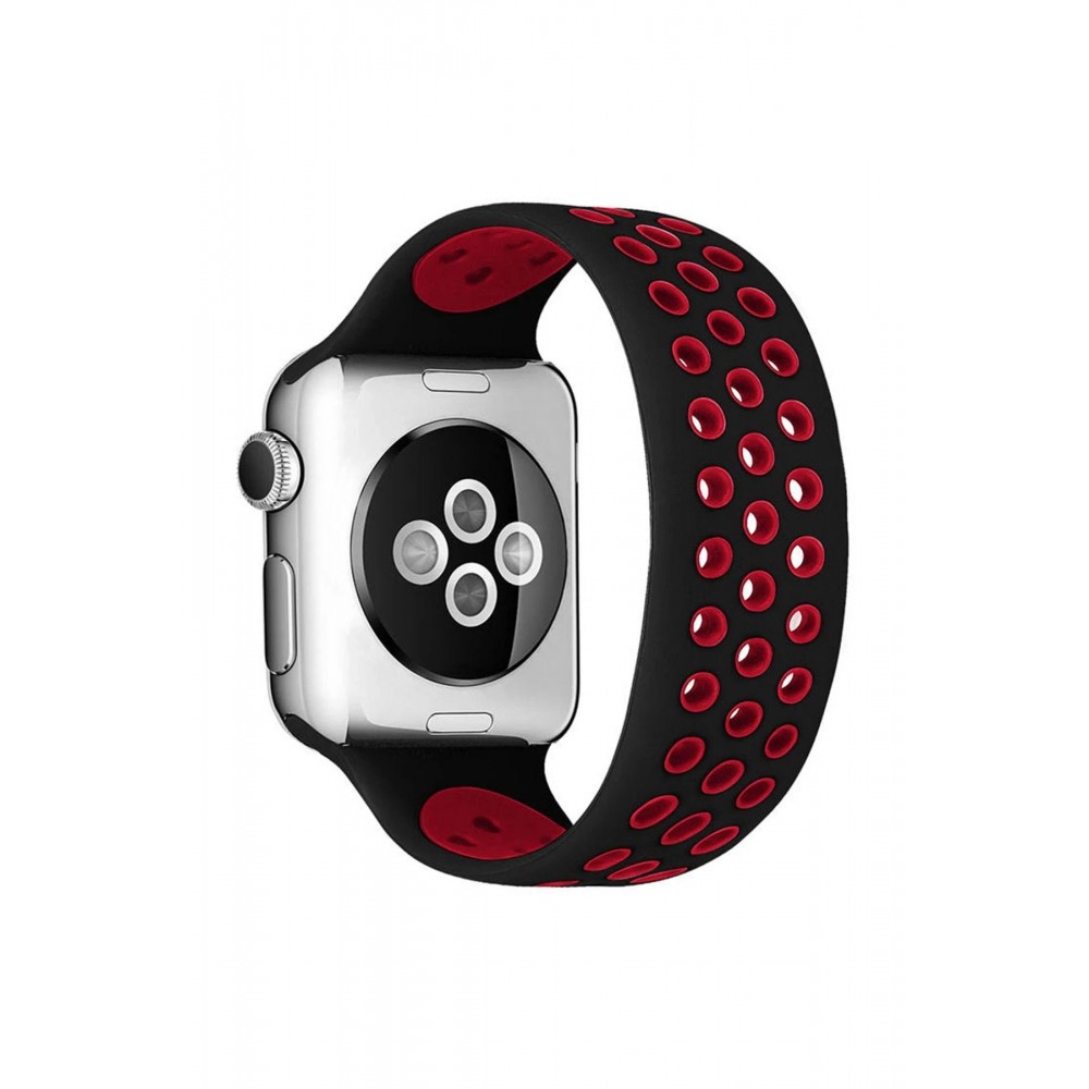 Apple Watch 42mm Ayarlı Delikli Silikon Kordon - Siyah-Kırmızı-(5796)