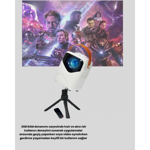 Taşınabilir 1080P HD Akıllı Projektör – 64GB Dahili Hafıza 2GB RAM Uzaktan Kumandalı