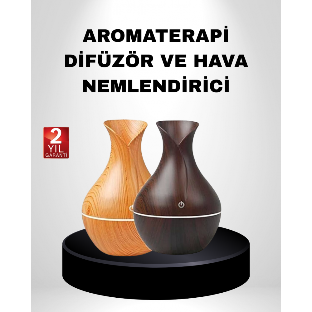 Ahşap Desenli Aromaterapi Difüzör 130 ml Ultrasonik ve 7 Renk LED Işıklı